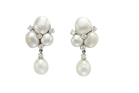 Cultured pearl and diamond ear clips.
