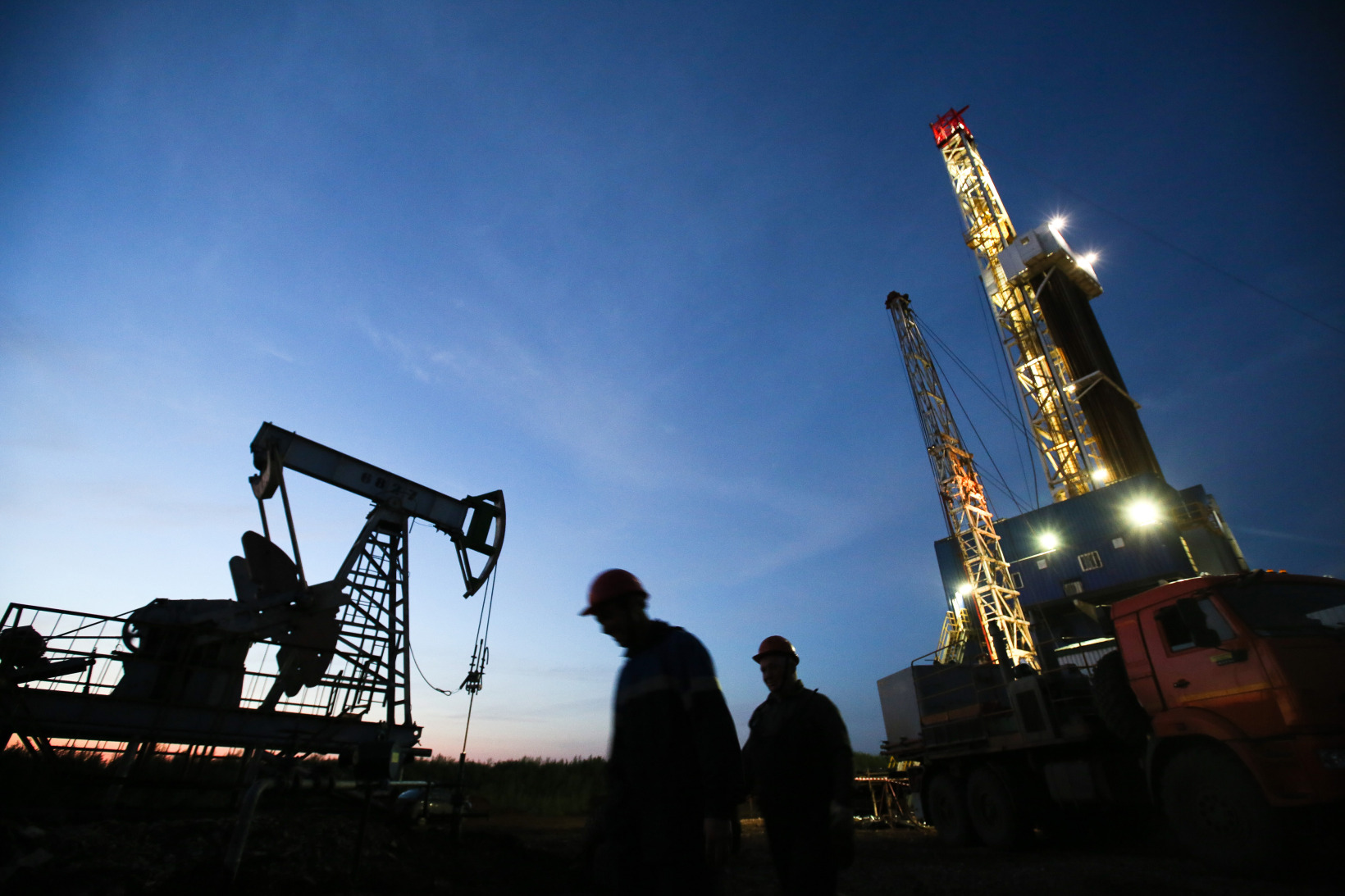 An oil drilling site near Almetyevsk, Russia.