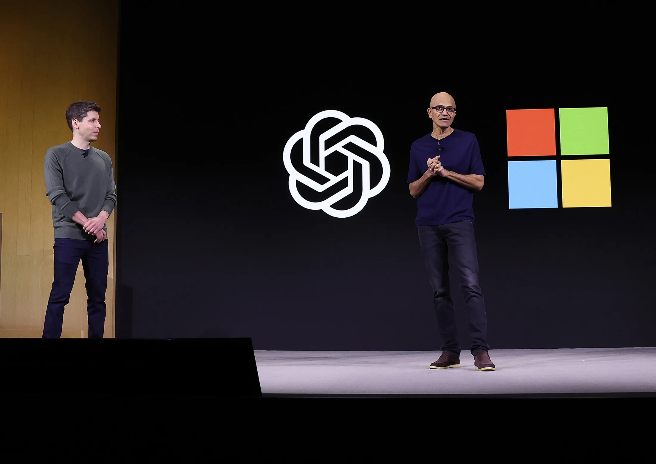 Microsoft CEO Satya Nadella and Sam Altman during the OpenAI DevDay event on Nov. 6, 2023.
