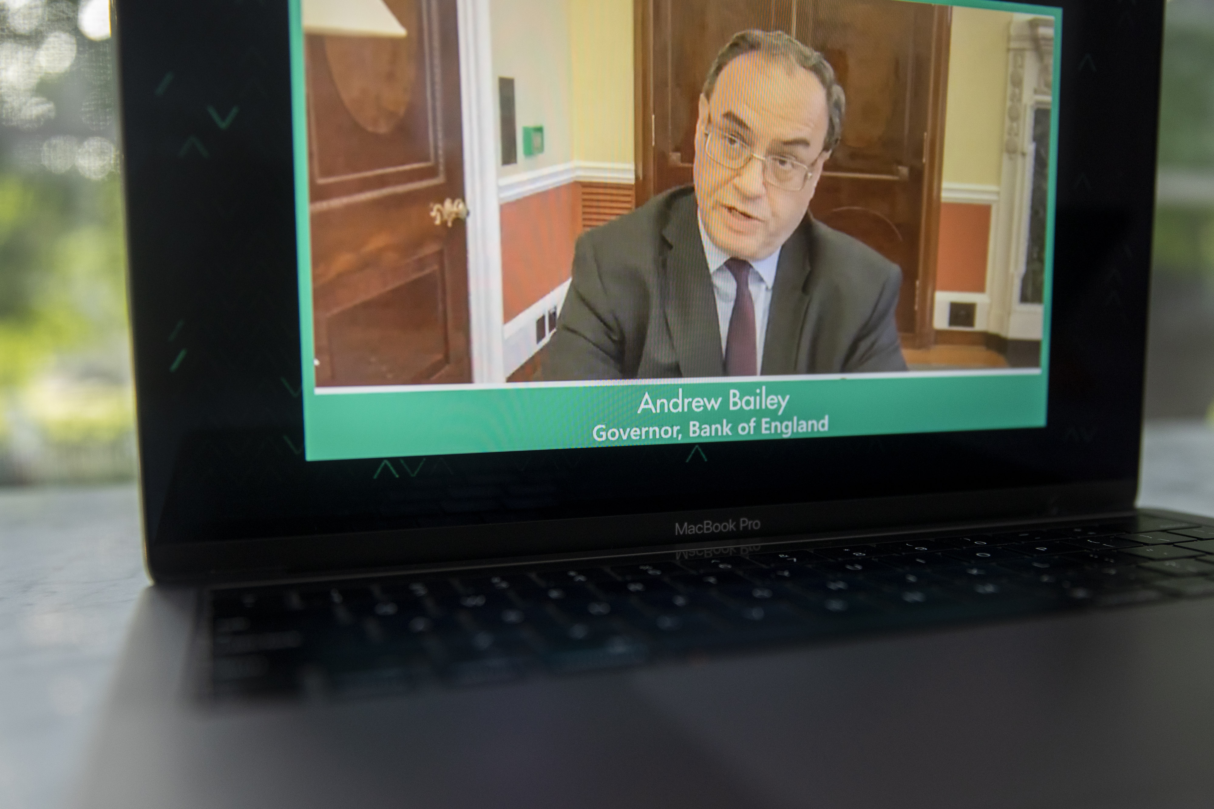 Andrew Bailey&nbsp;speaks virtually during the Jackson Hole economic symposium in 2020.&nbsp;