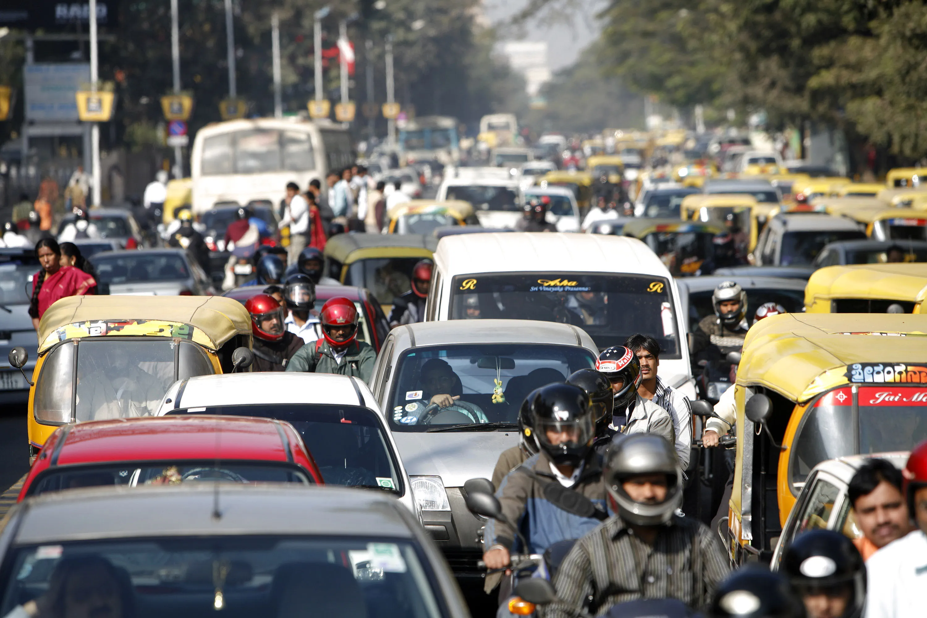 A view of the traffic during morning rush hour in Bangalore, India.