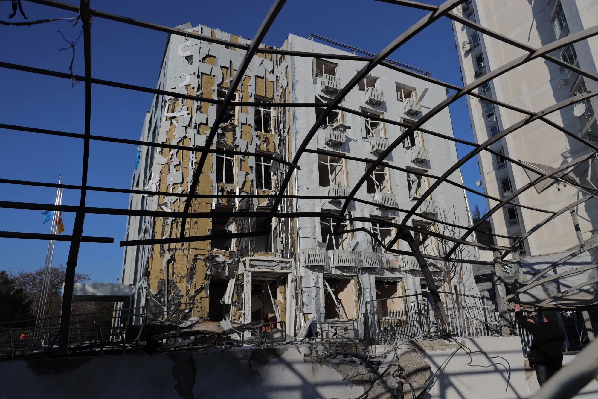 A damaged hospital following a Russian drone strike in Odesa, Ukraine, on Feb. 19.