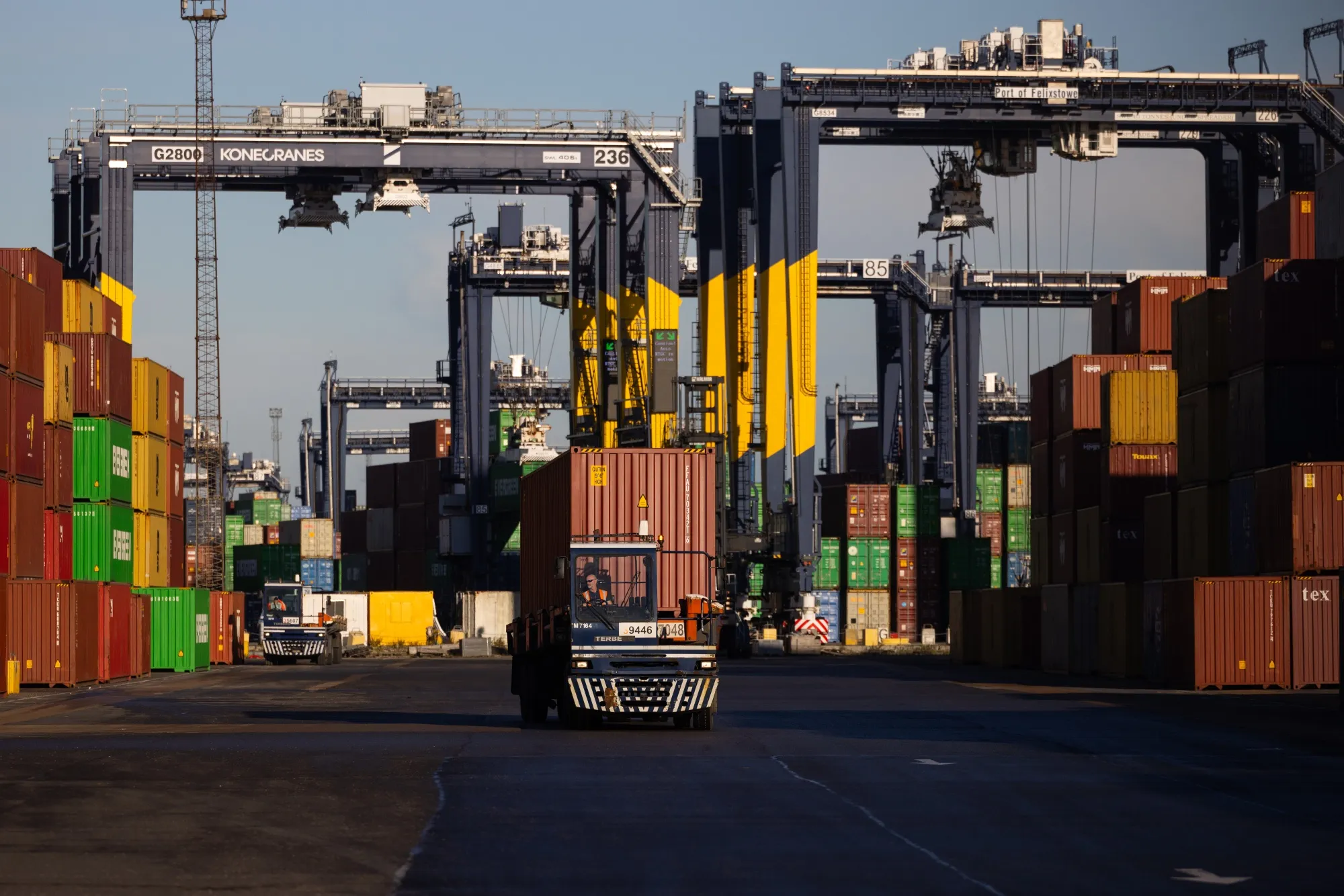 Shipping containers on the dockside at the Port of Felixstowe in Felixstowe, UK.