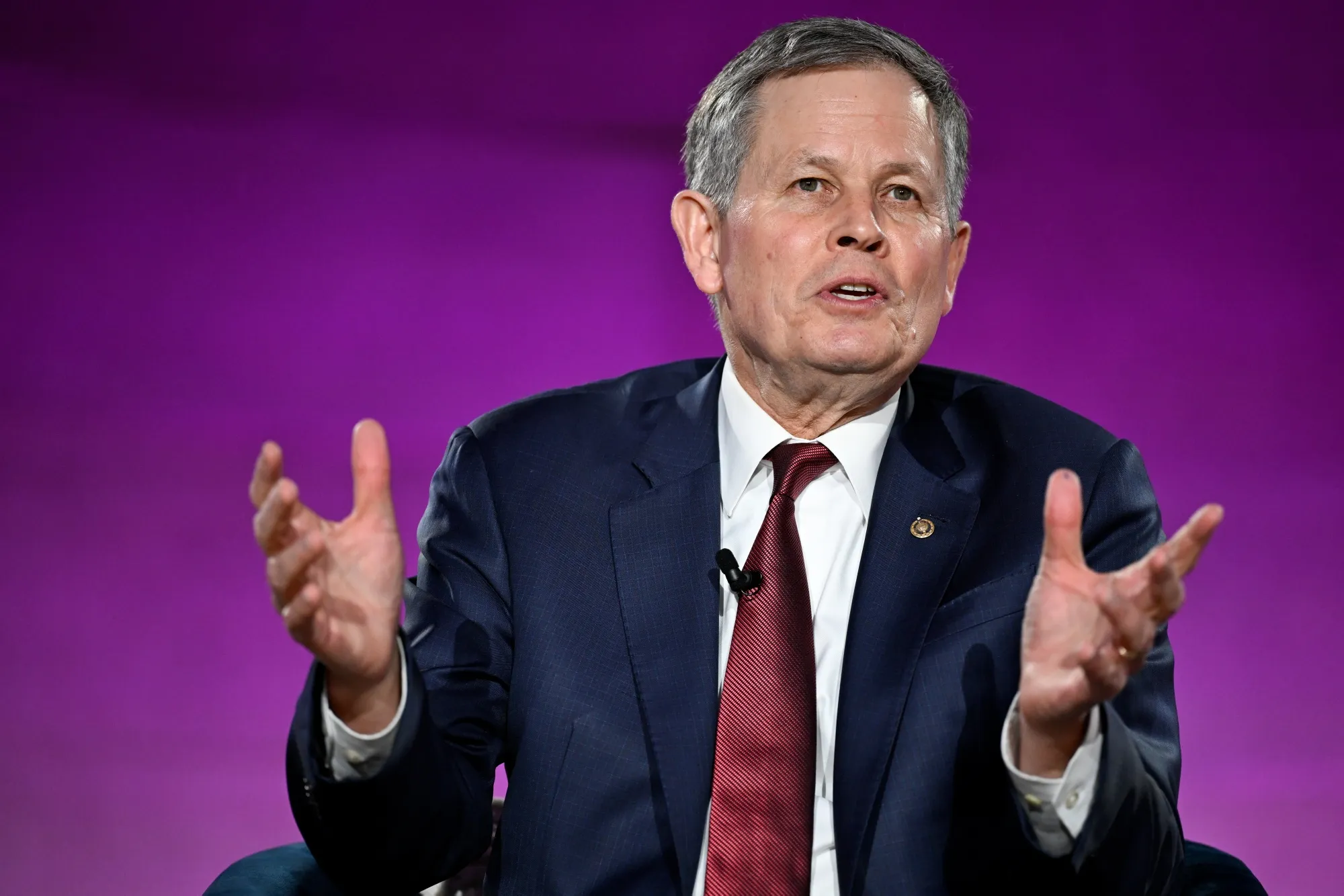 Senator Steve Daines, a Republican from Montana, speaks during BlackRock’s 2026 Infrastructure Summit in Washington, DC, on March 11.&nbsp;