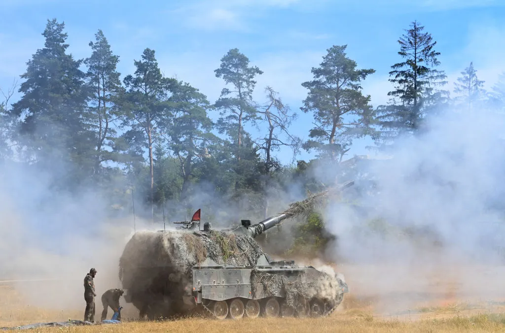 A self-propelled howitzer 2000 tank fires during exercises in Grafenwoehr, Germany.