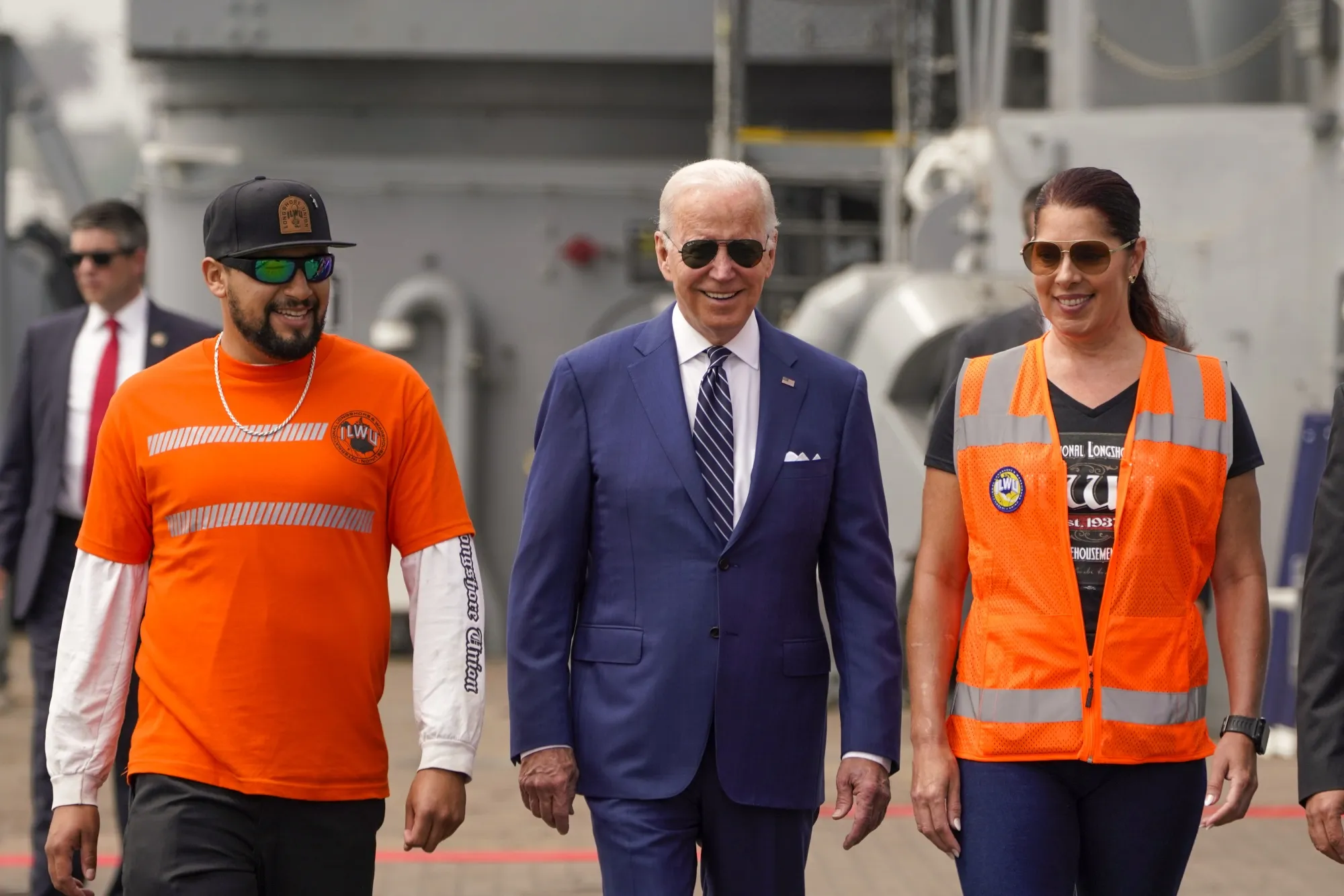 US President Joe Biden arrives to speak at the Port of Los Angeles on June 10.