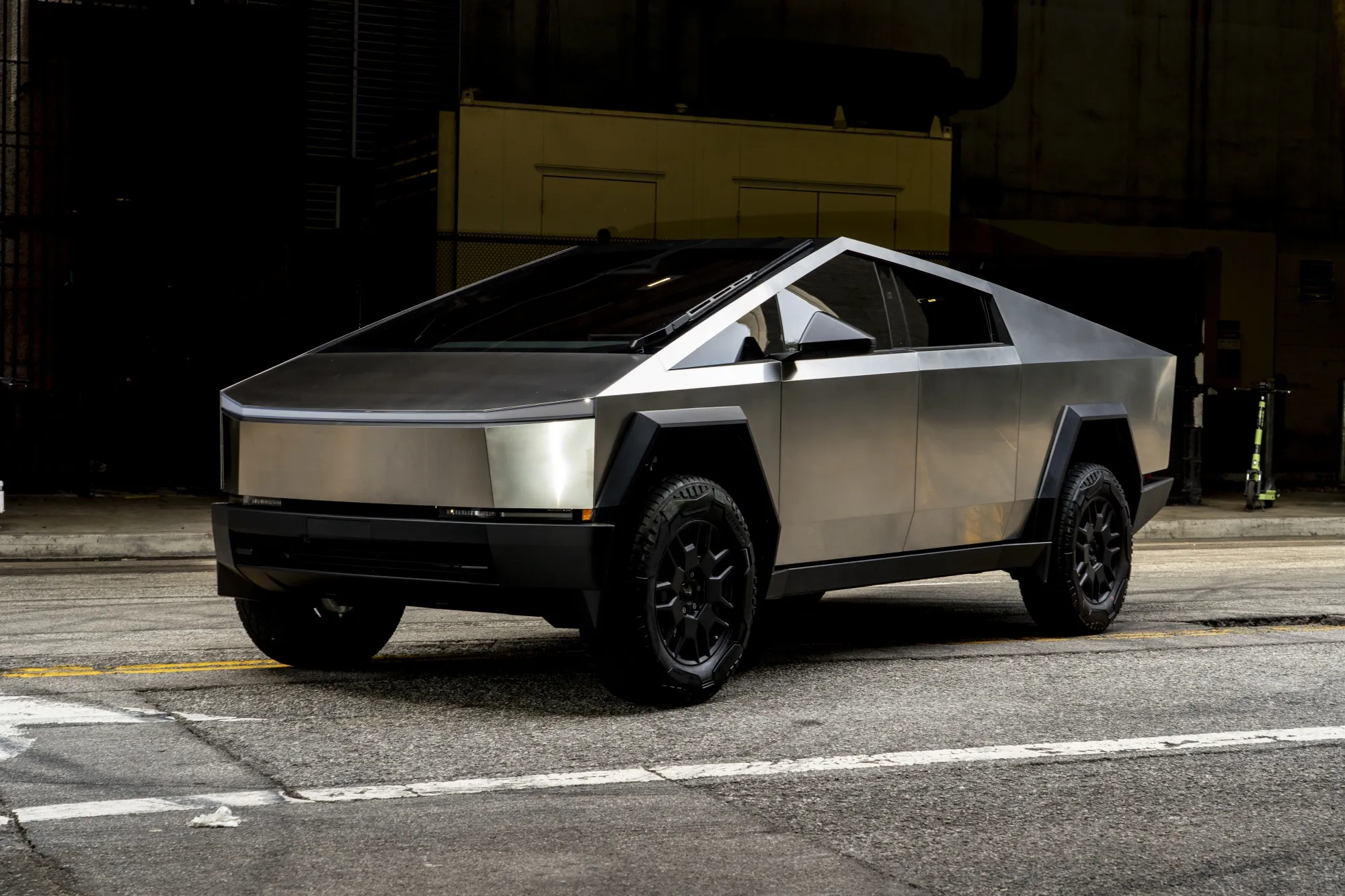 A Tesla Cybertruck during a test drive in Los Angeles