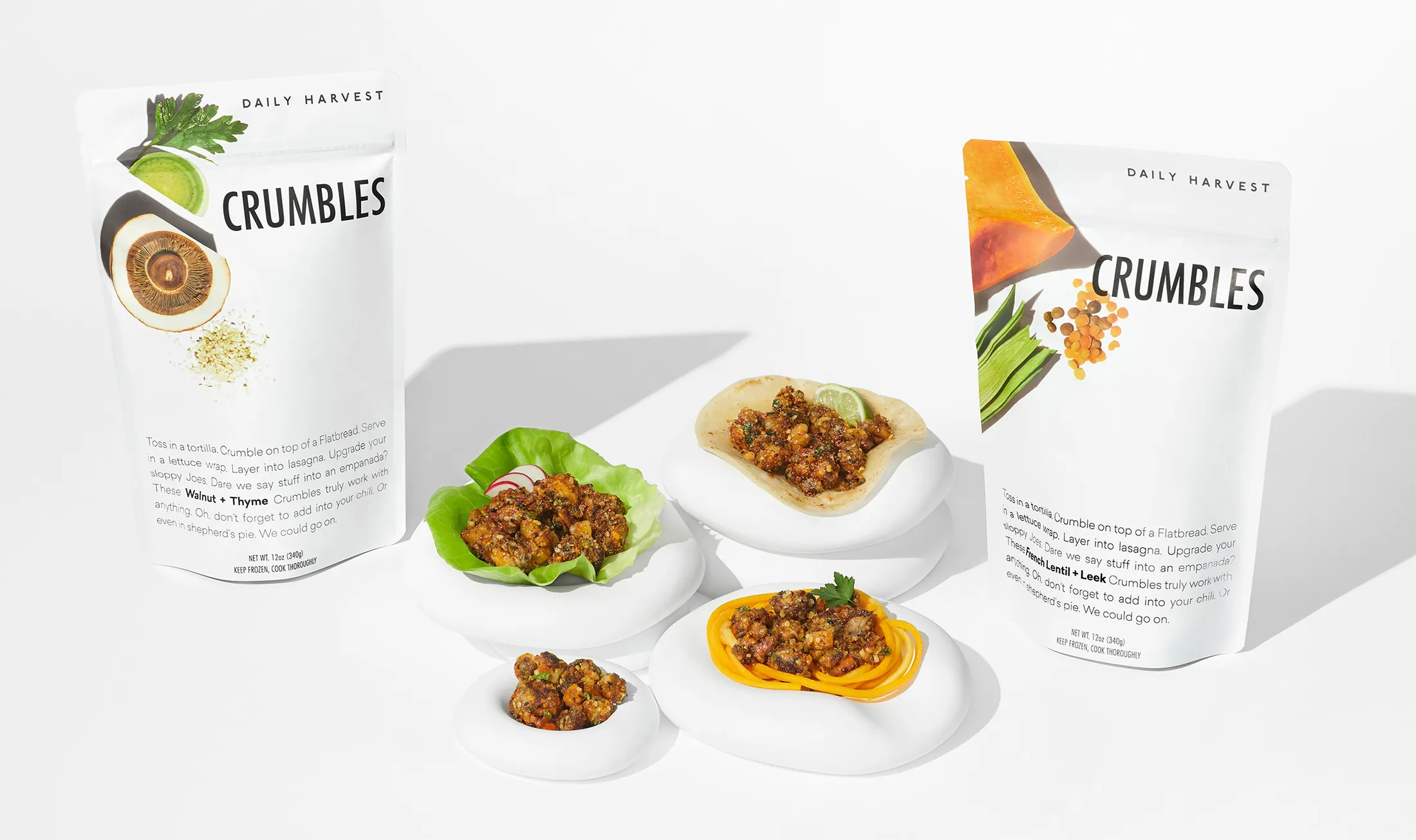Daily Harvest’s Lentil + Leek crumbles, right.