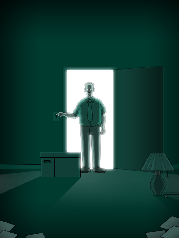 illustration of man with a box in a doorway