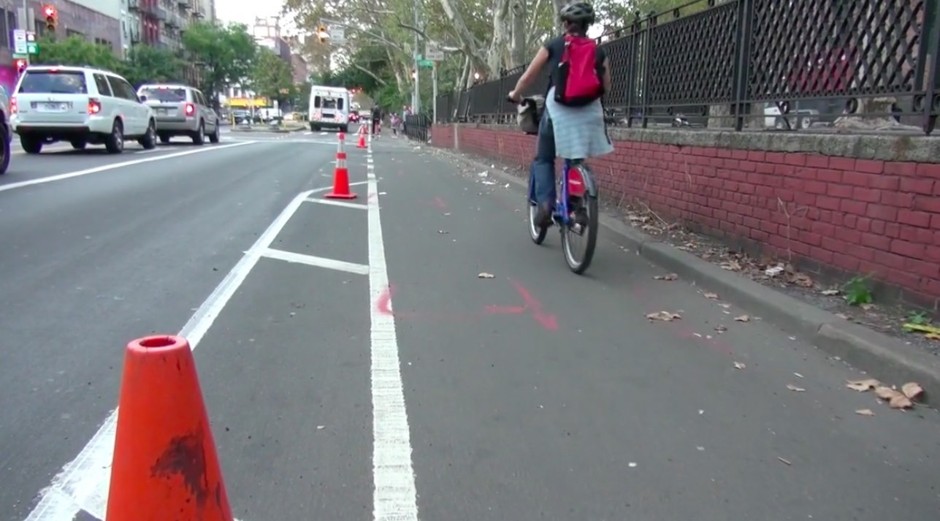 A cyclist uses the Chrystie Street bike lane in lower Manhattan.