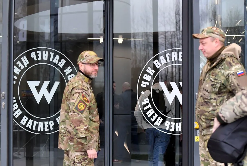 Visitors at the entrance of the 'PMC Wagner Centre', associated with the founder Yevgeny Prigozhin.