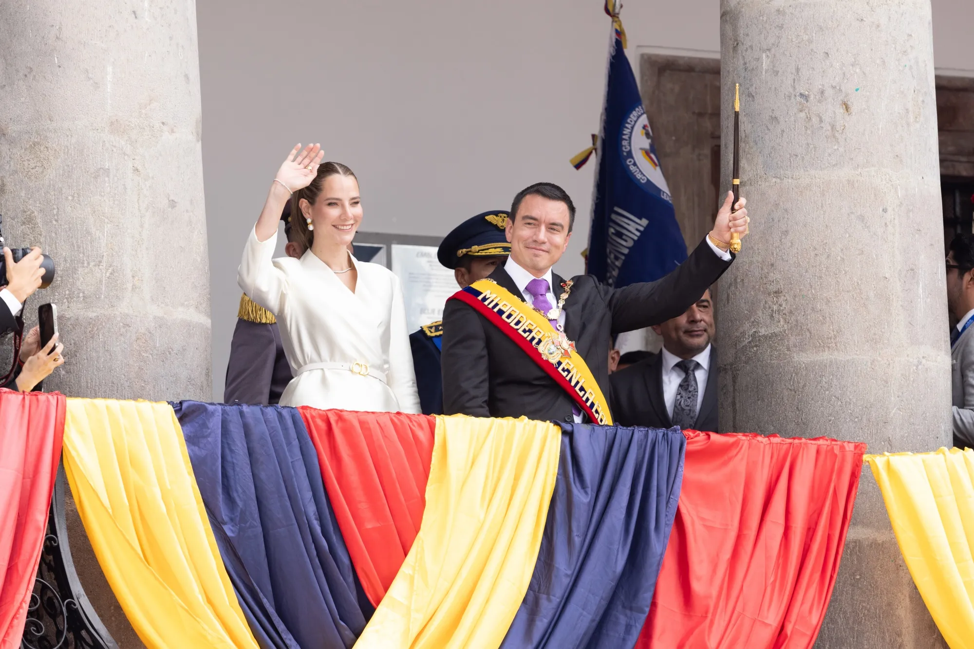 Daniel Noboa greets supporters from the balcony of the Carondelet Palace in Quito on May 24.