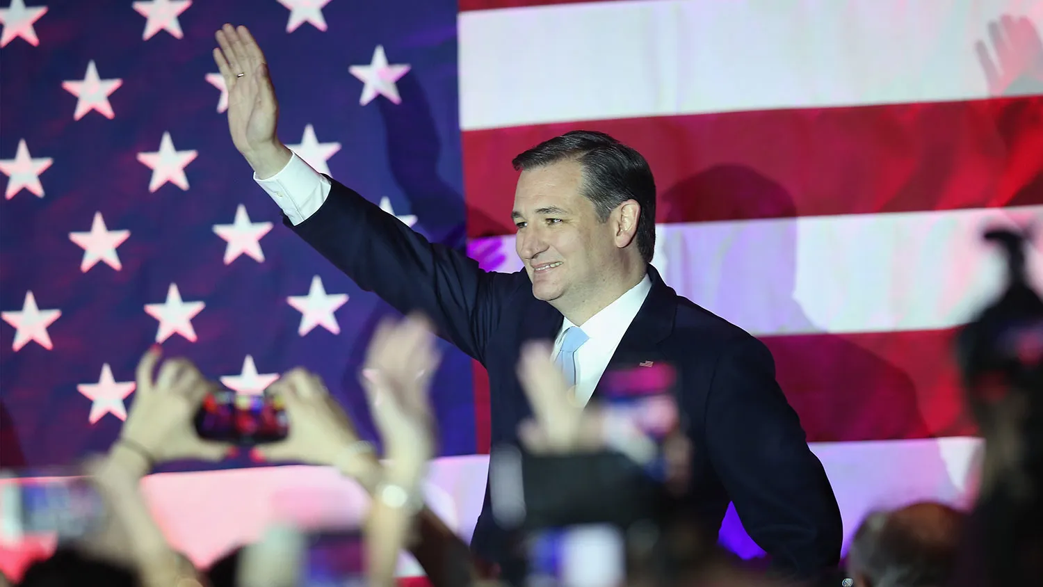 Republican presidential candidate Ted Cruz greets supporters after the polls closed on April 5, 2016, in Milwaukee.
