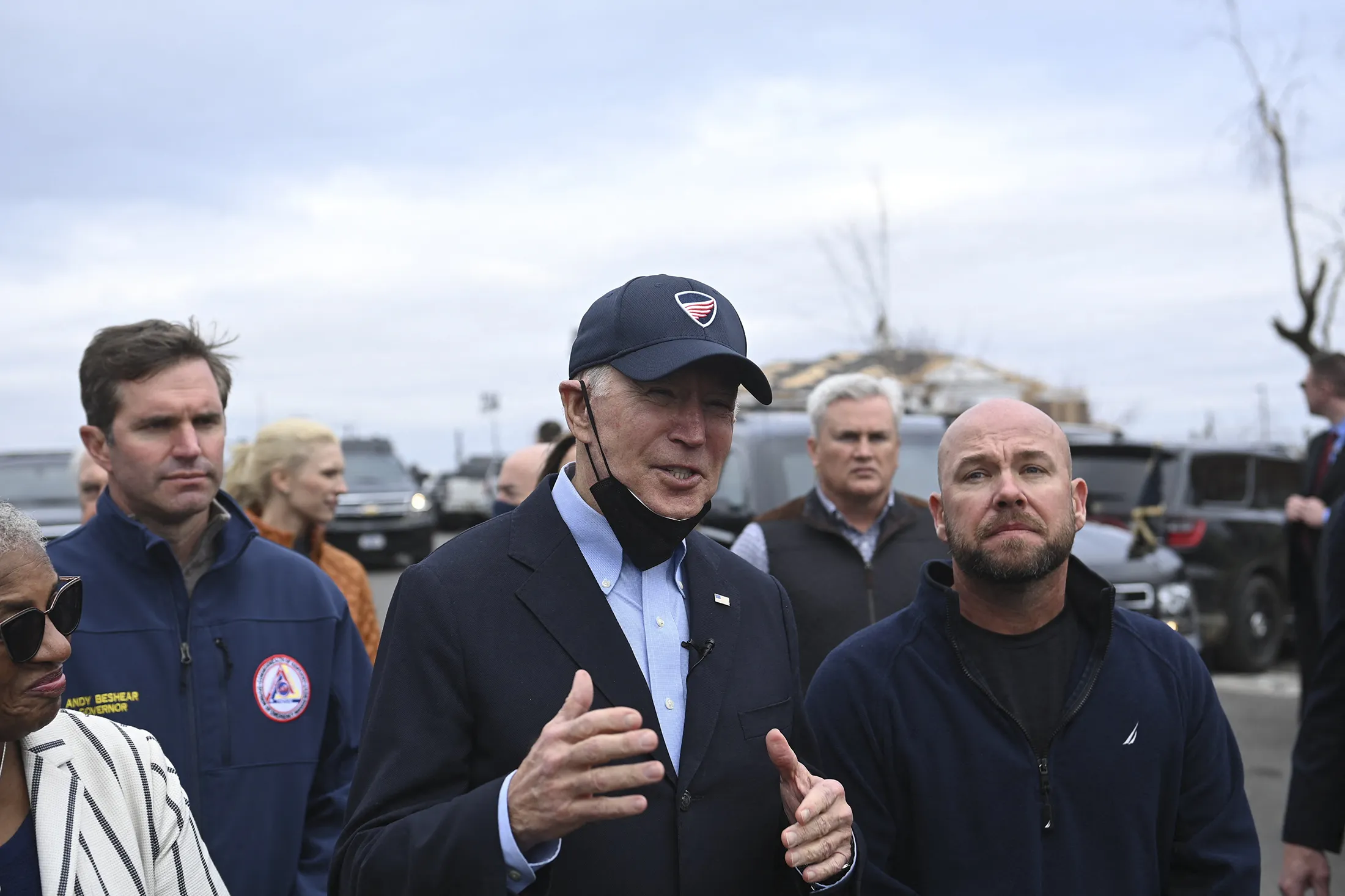 President Biden while&nbsp;while surveying storm damage in Kentucky, on Dec. 15.
