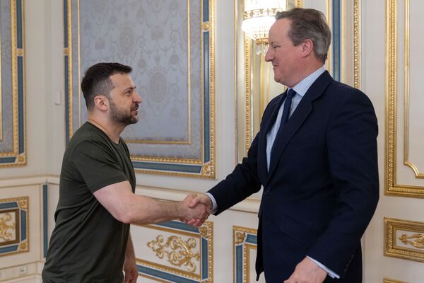 Volodymyr Zelenskiy, left, greets David Cameron in Kyiv on May 3.