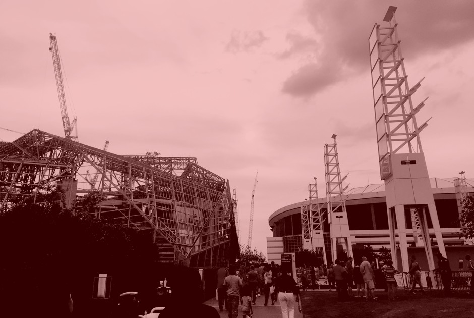Mercedes-Benz Stadium (left) is seen under construction before a preseason Falcons game September 1, 2016. 