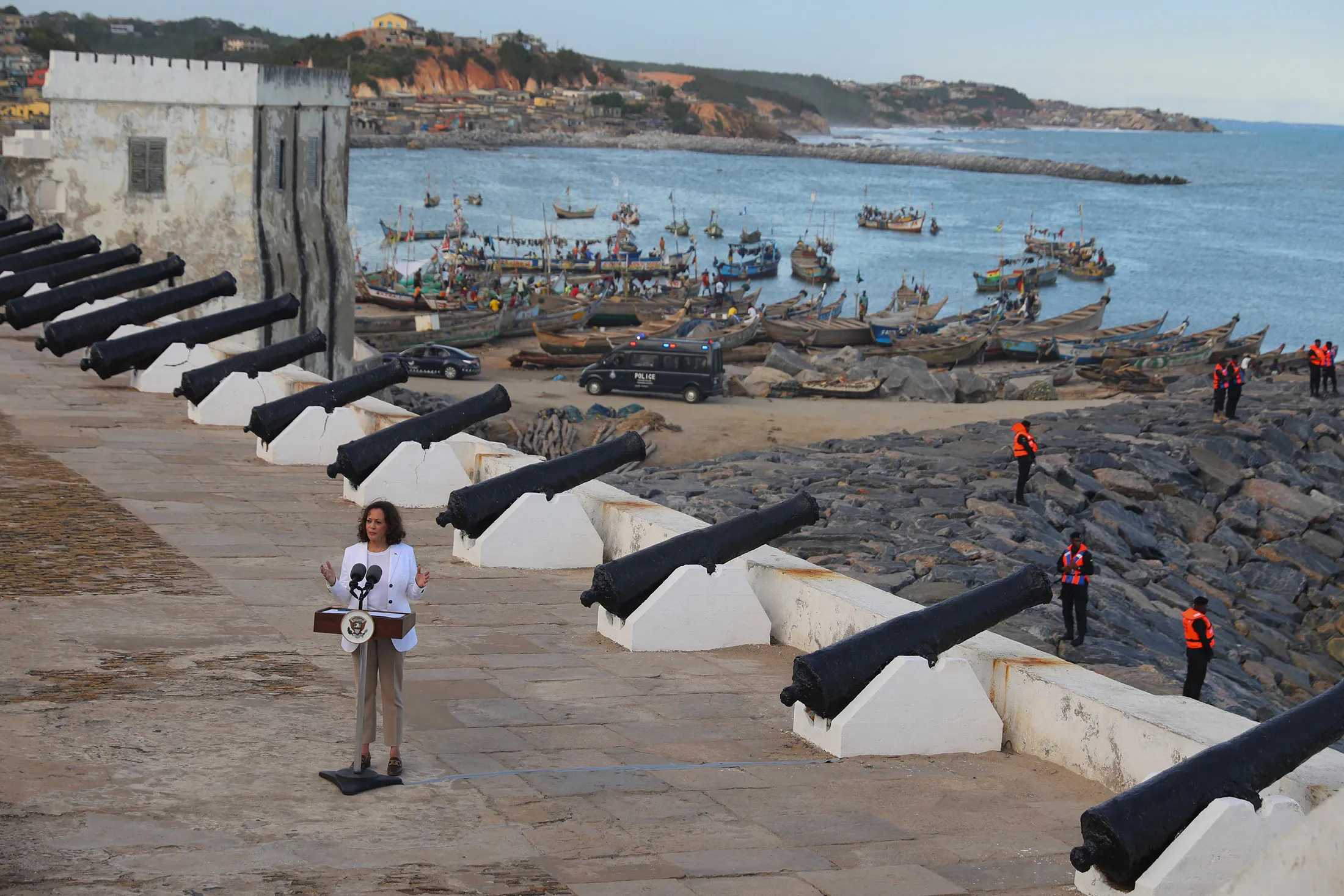Harris speaks at the Cape Coast Castle, Ghana, on March 28.
