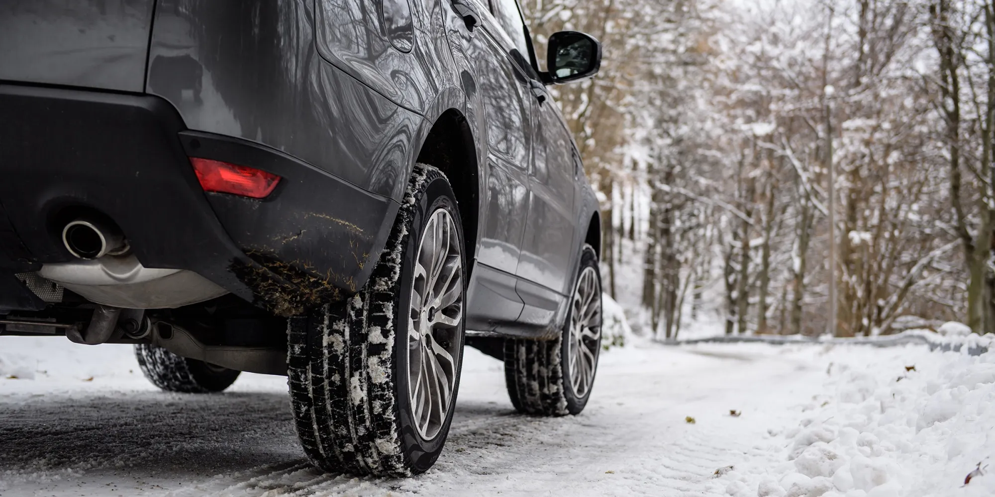 Close-up of winter car tires mounted on a sport utility vehicle