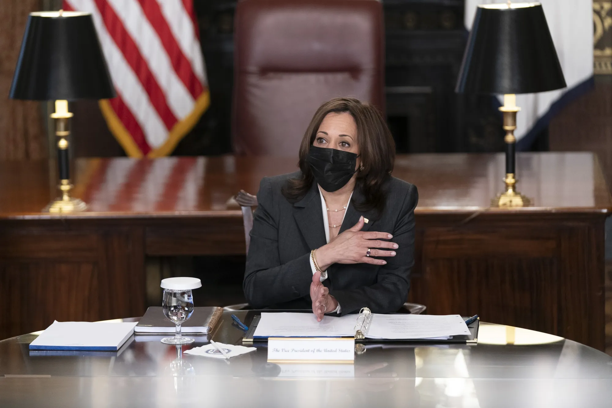 Kamala Harris speaks during a roundtable on the Northern Triangle in Washington, D.C., on April 22.