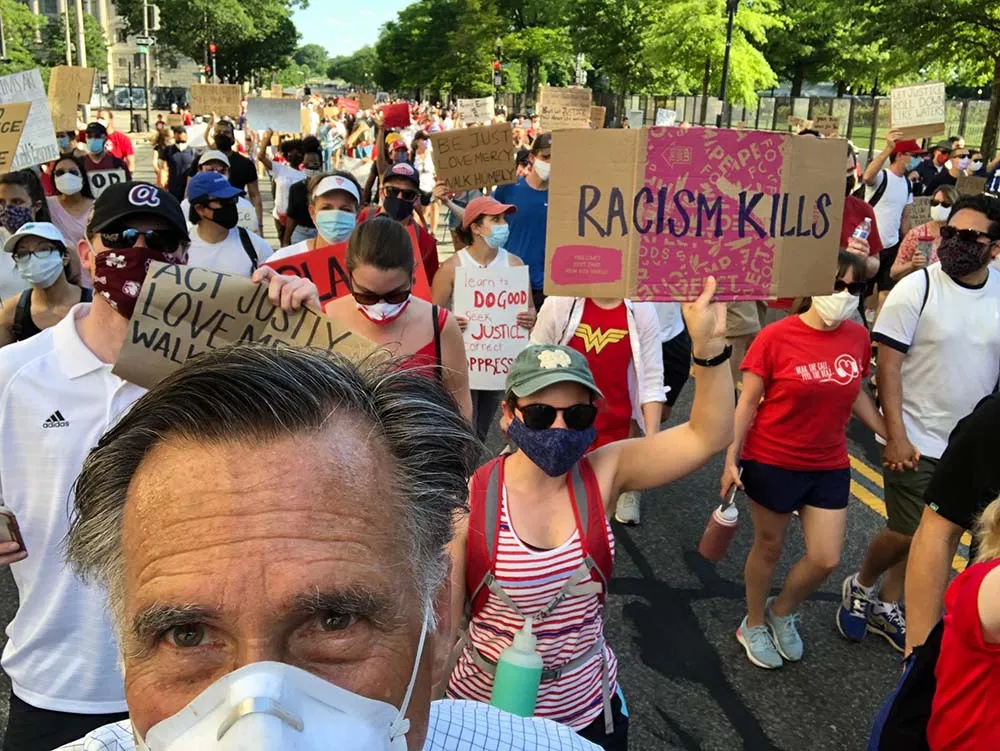 Mitt Romney 'selfie' photo at the Black Lives Matter march on June 7.