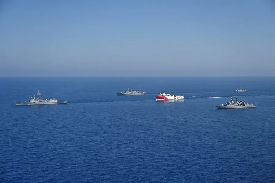 Turkish naval vessels&nbsp;escort the Oruc Reis research vessel in the eastern Mediterranean Sea on Sept. 6.
