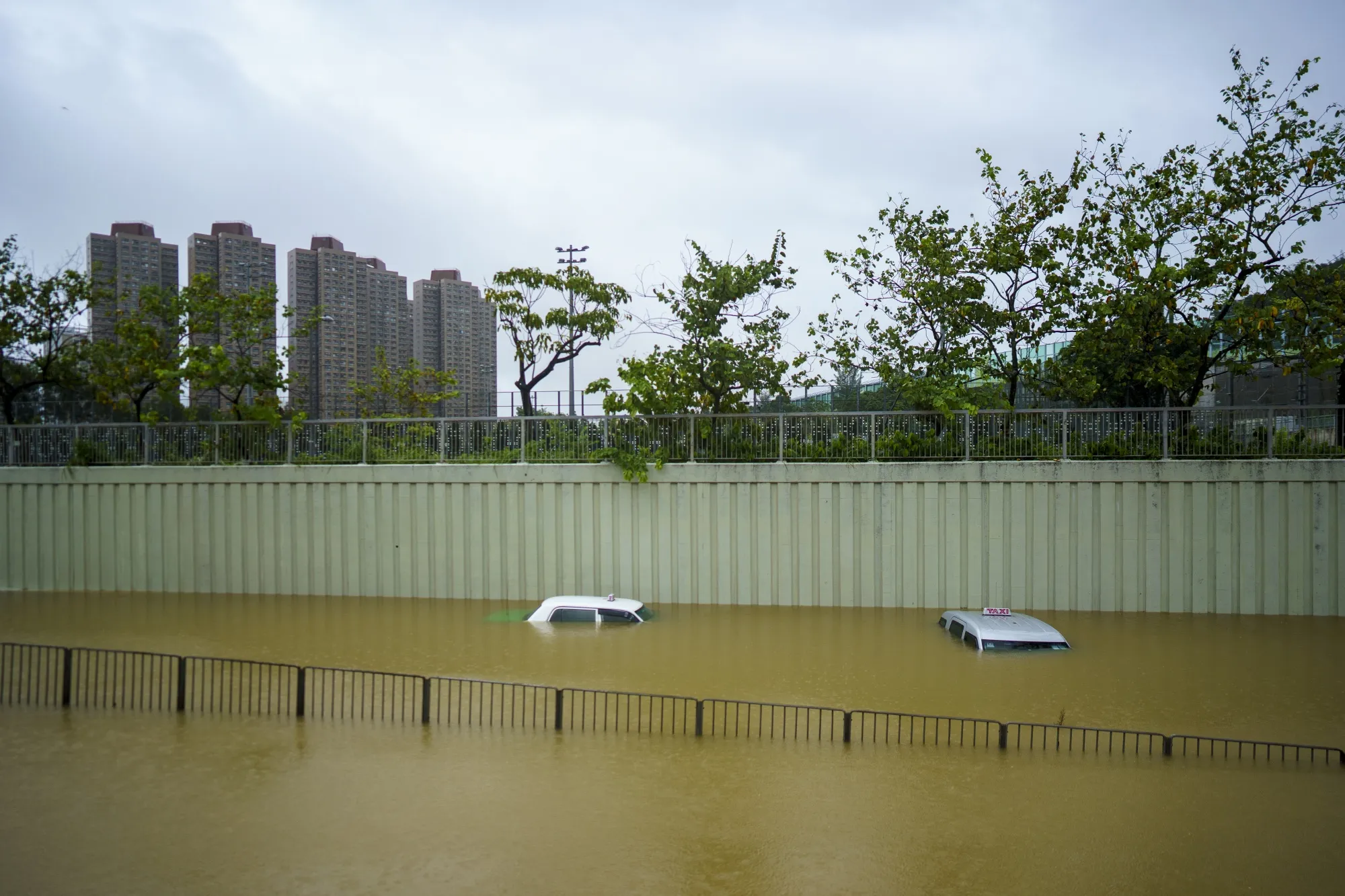 Taxis submerged during heavy rain in Hong Kong on Sept. 8. Severe damage caused by flooding is prompting the government to address the city’s climate resilience.