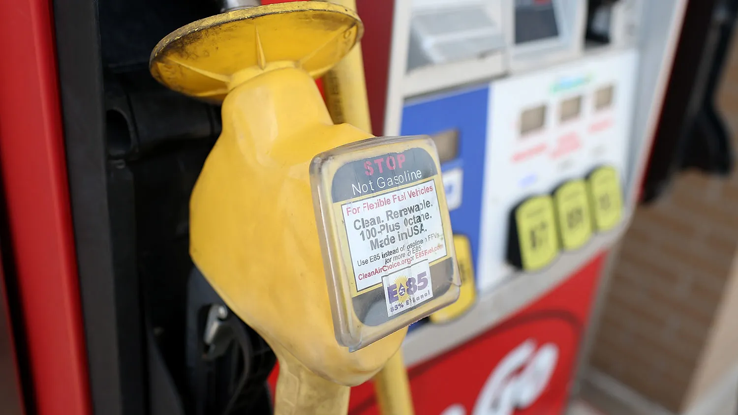 A warning label is posted on an E85 Ethanol pump handle at a gas station on Aug. 7, 2012, in Johnston, Iowa.
