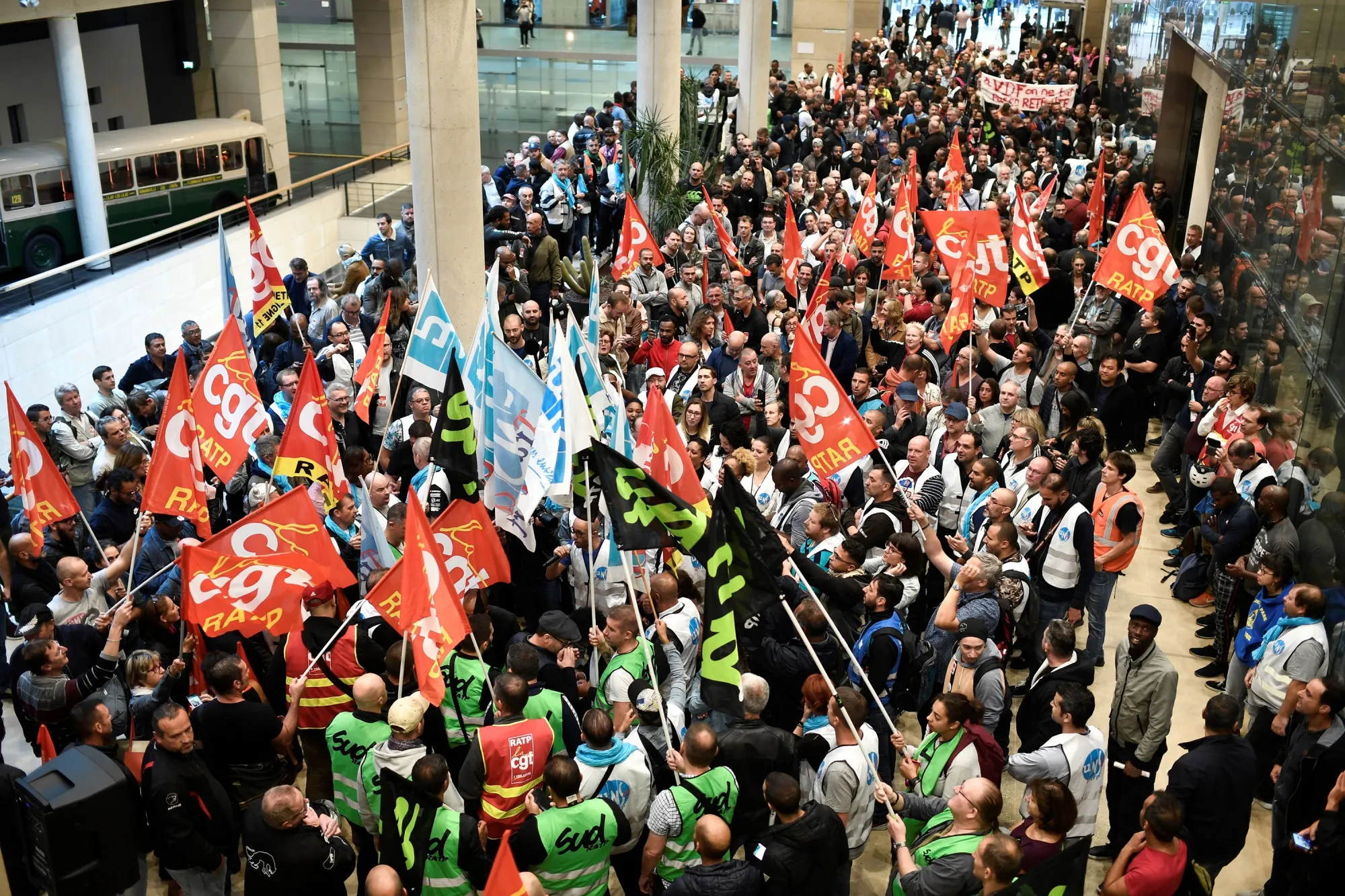 CGT Union members gather inside Paris public transport&nbsp;operator headquarters La Maison de la RATP in Paris on Sept.&nbsp; 13.