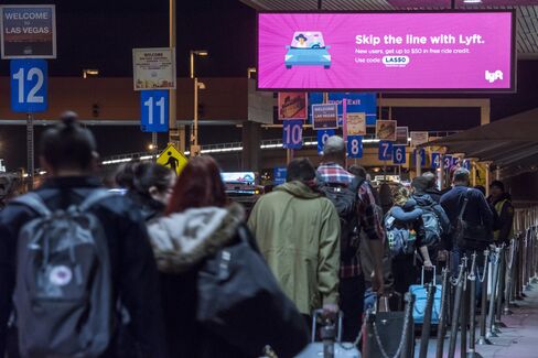 A Lyft ad above the taxi line at the McCarran International Airport in Las Vegas.