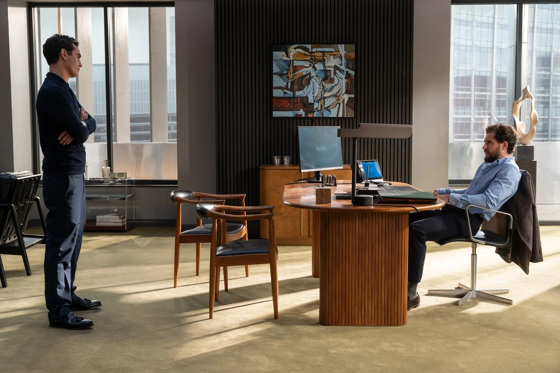 Whitney Halberstram, played by Max Minghella, and Sir Henry Muck, played by Kit Harington.