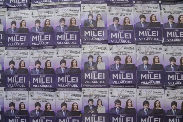 Campaign posters for Javier Milei and Victoria Villarruel outside La Libertad Avanza house in Rio Grande.