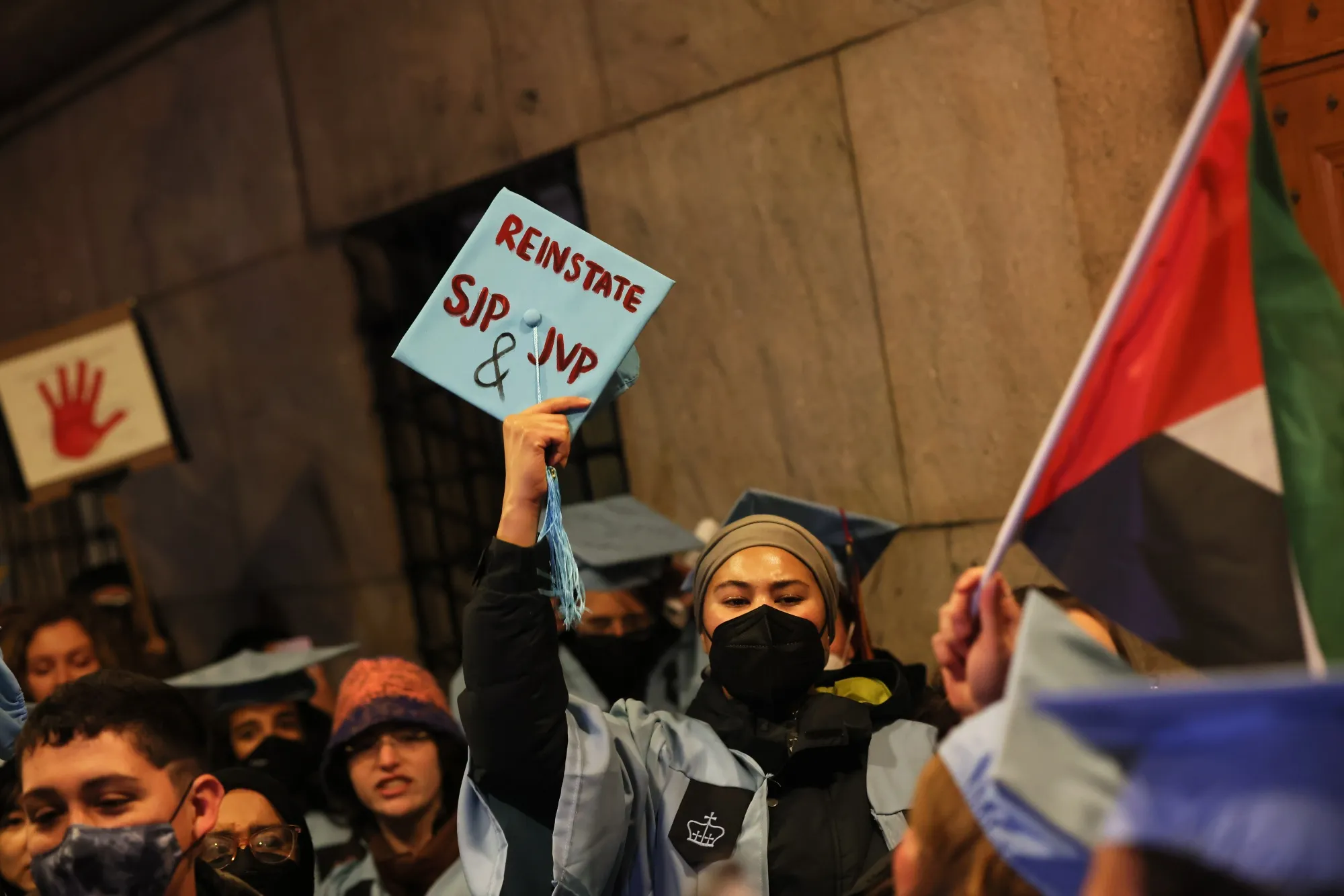 People&nbsp;protest the banning of Students for Justice in Palestine (SJP) and Jewish Voice for Peace (JVP) at Columbia University in 2023.
