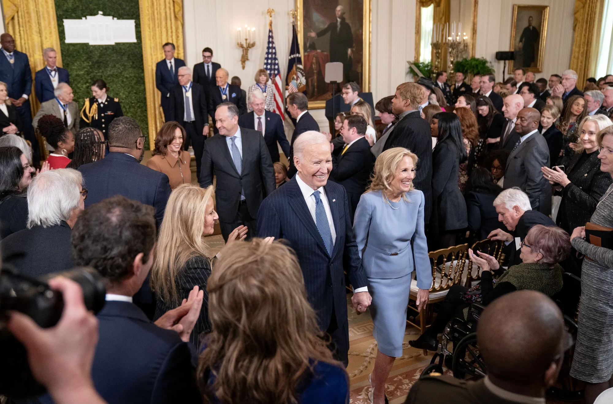US President Joe Biden and First Lady Jill Biden depart following the Medal of Freedom ceremony in the East Room of the White House in Washington, DC,&nbsp;on&nbsp;Jan. 4.