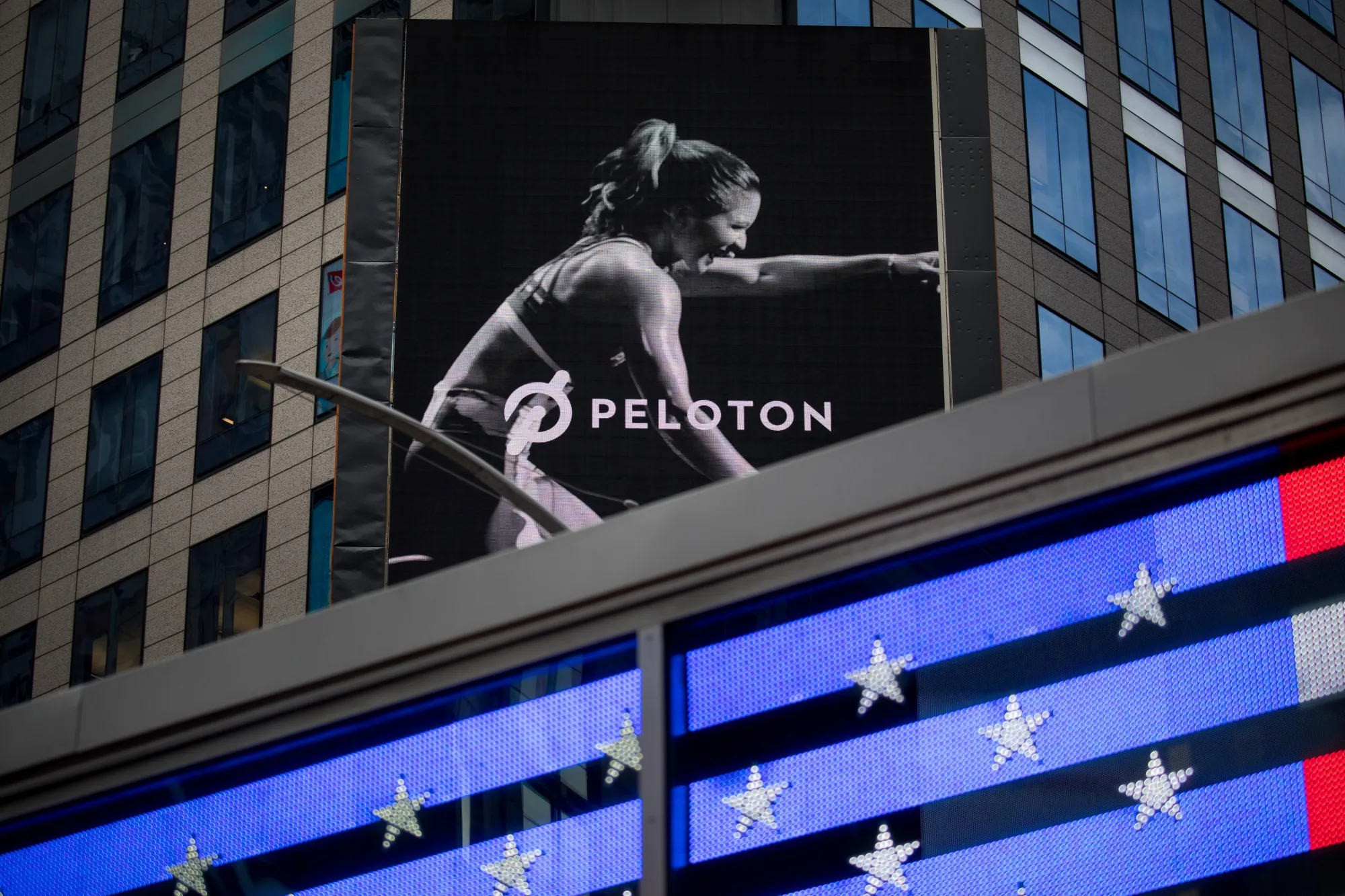 Peloton signage is displayed during the company's IPO&nbsp;in New York on&nbsp;Sept. 26.&nbsp;