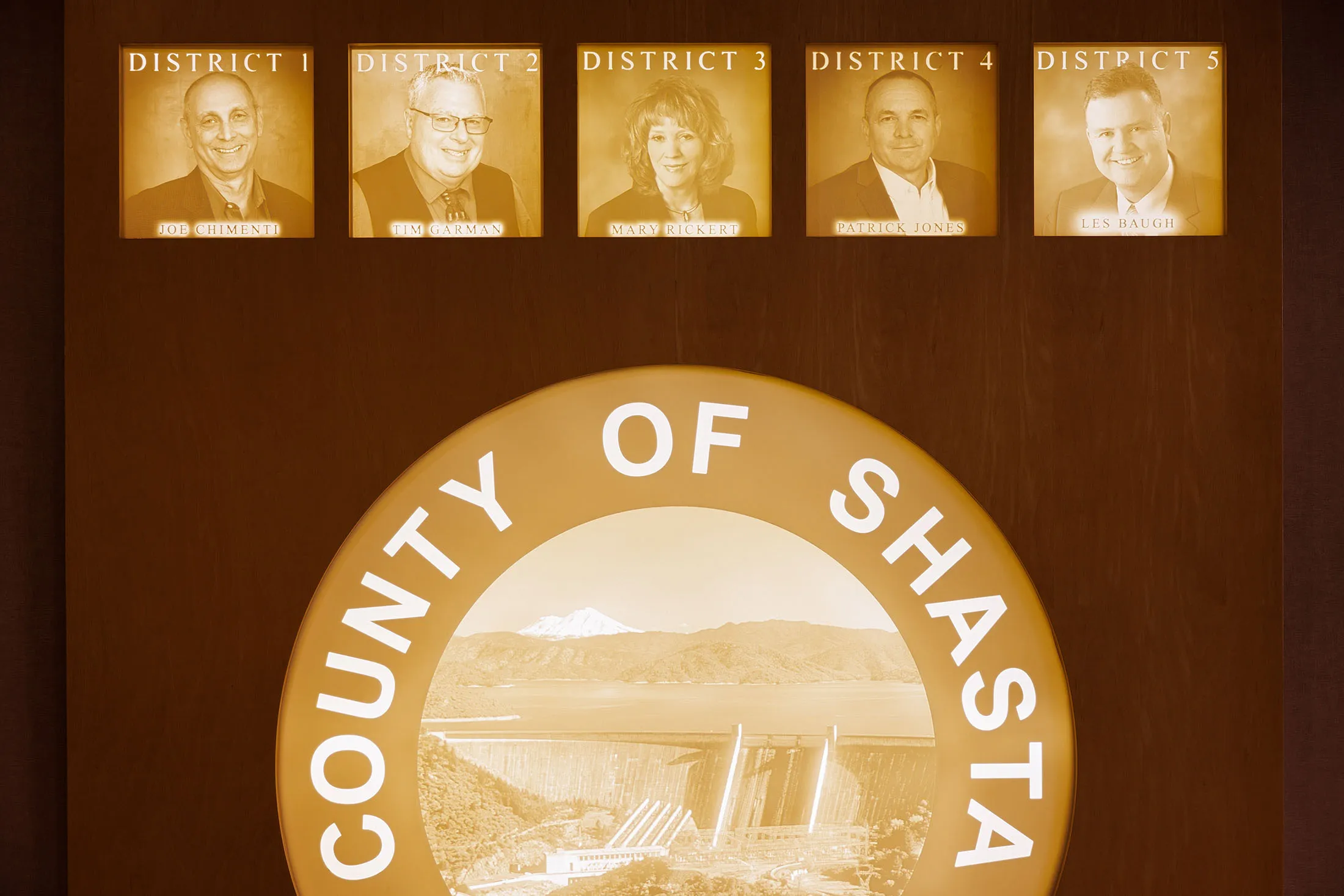 Portraits of five&nbsp;Shasta County supervisors inside a&nbsp;government&nbsp;building in&nbsp;Redding.