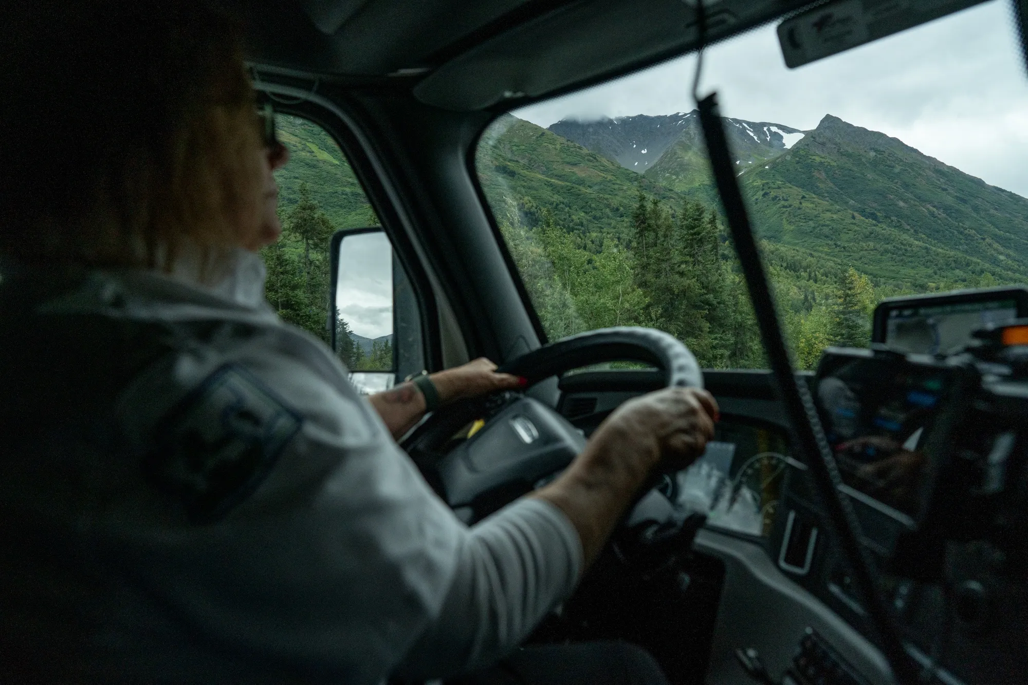 Michelle Salikie, a driver with Walmart since the 2000s, drives a&nbsp;53-foot truck through Alaska, in August.&nbsp;