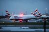 Aircraft operated by British Airways on the runway at London Heathrow Airport.