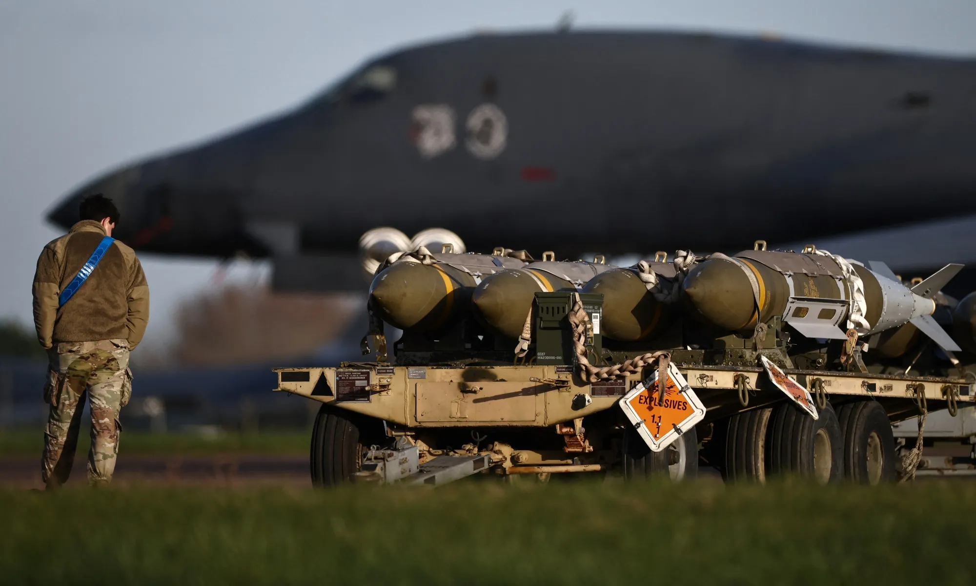 Joint Direct Attack Munitions on a trailer near a US Air Force&nbsp;bomber&nbsp;on the tarmac at RAF Fairford in south-west England on March 11.
