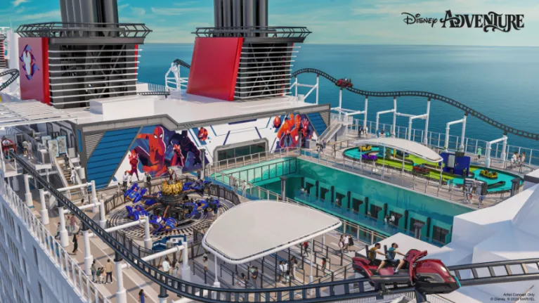 A rendering of the Marvel Landing zone—and its&nbsp;Ironcycle Test Run rollercoaster—on the forthcoming Disney Adventure cruise ship.