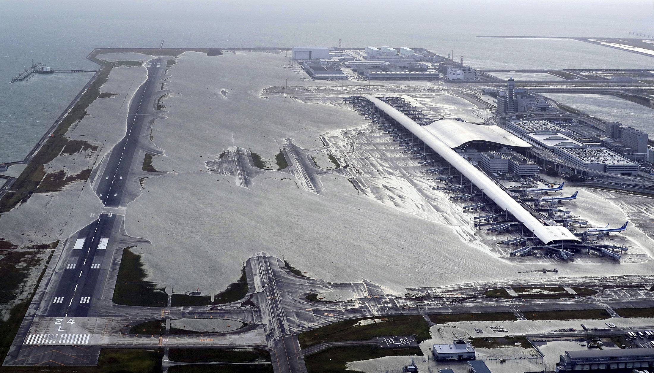 Kansai International Airport is flooded following a powerful typhoon in Izumisano, Osaka prefecture on Sept. 4.&nbsp;