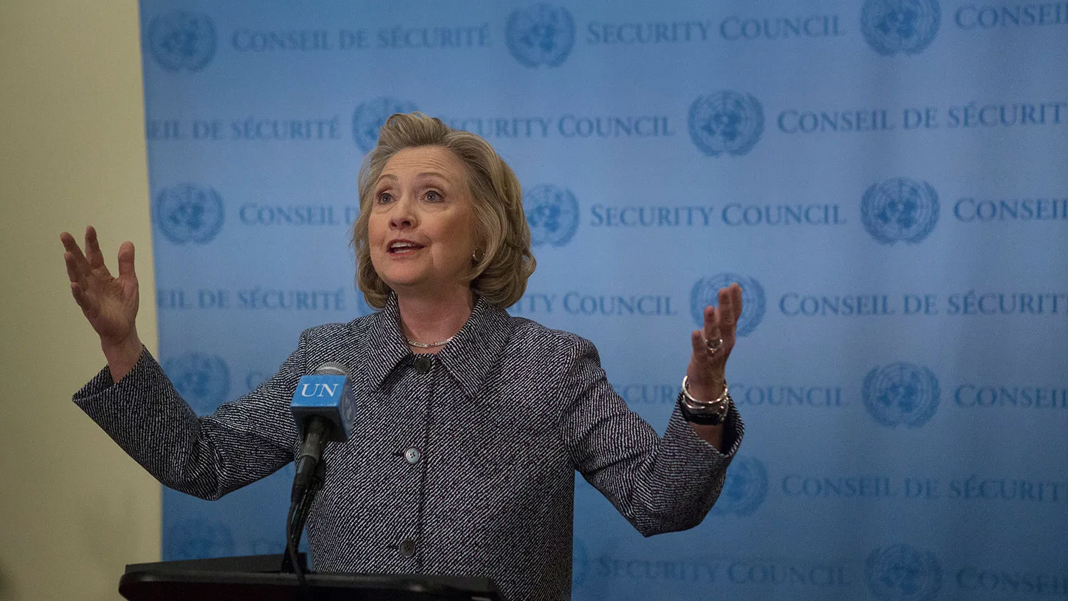 Hillary Clinton, former U.S. secretary of state, speaks during a news conference at the United Nations (UN) in New York, U.S., on Tuesday, March 10, 2015.
