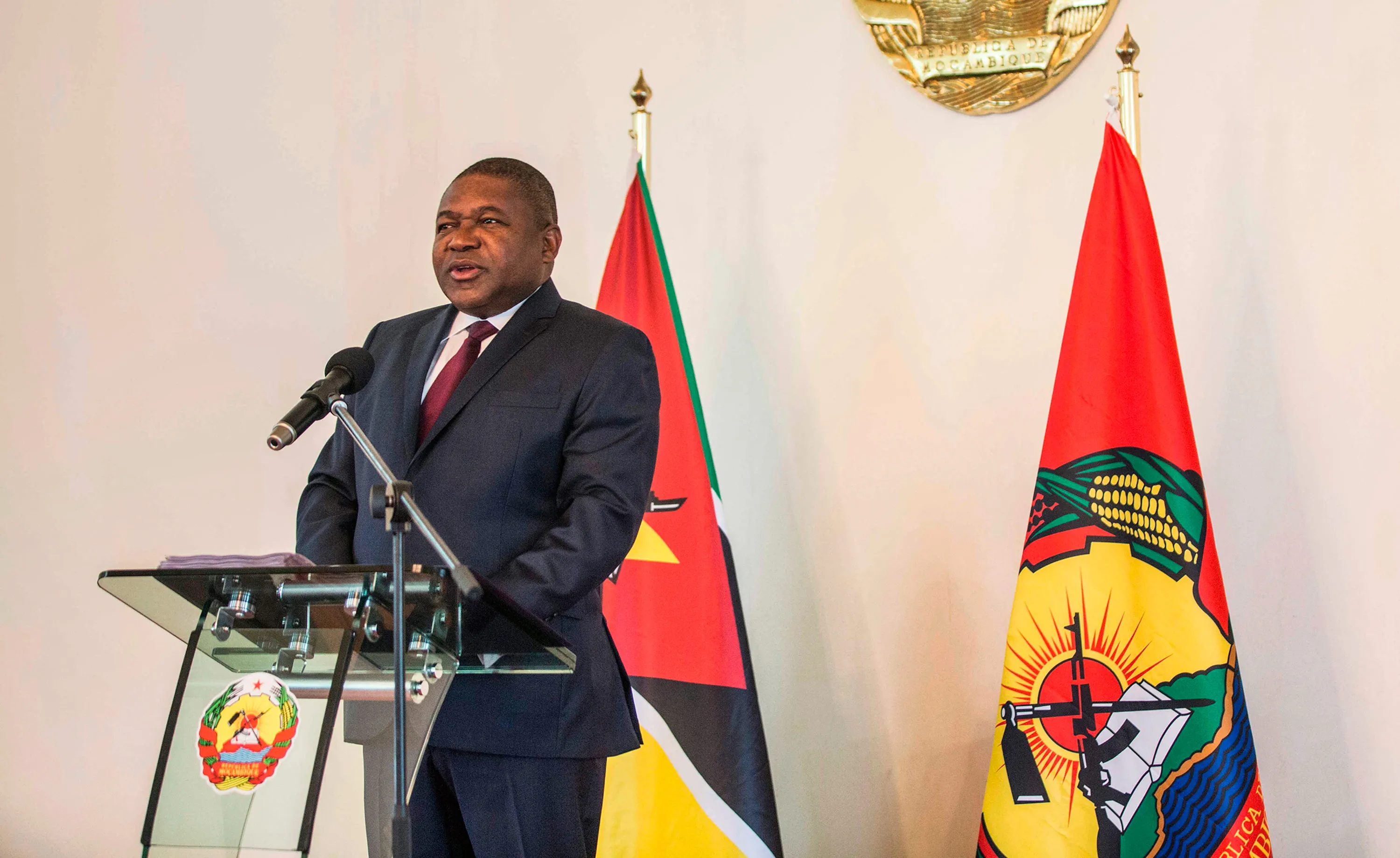 Filipe Nyusi delivers an address to the nation&nbsp;in Maputo on Feb. 7.
