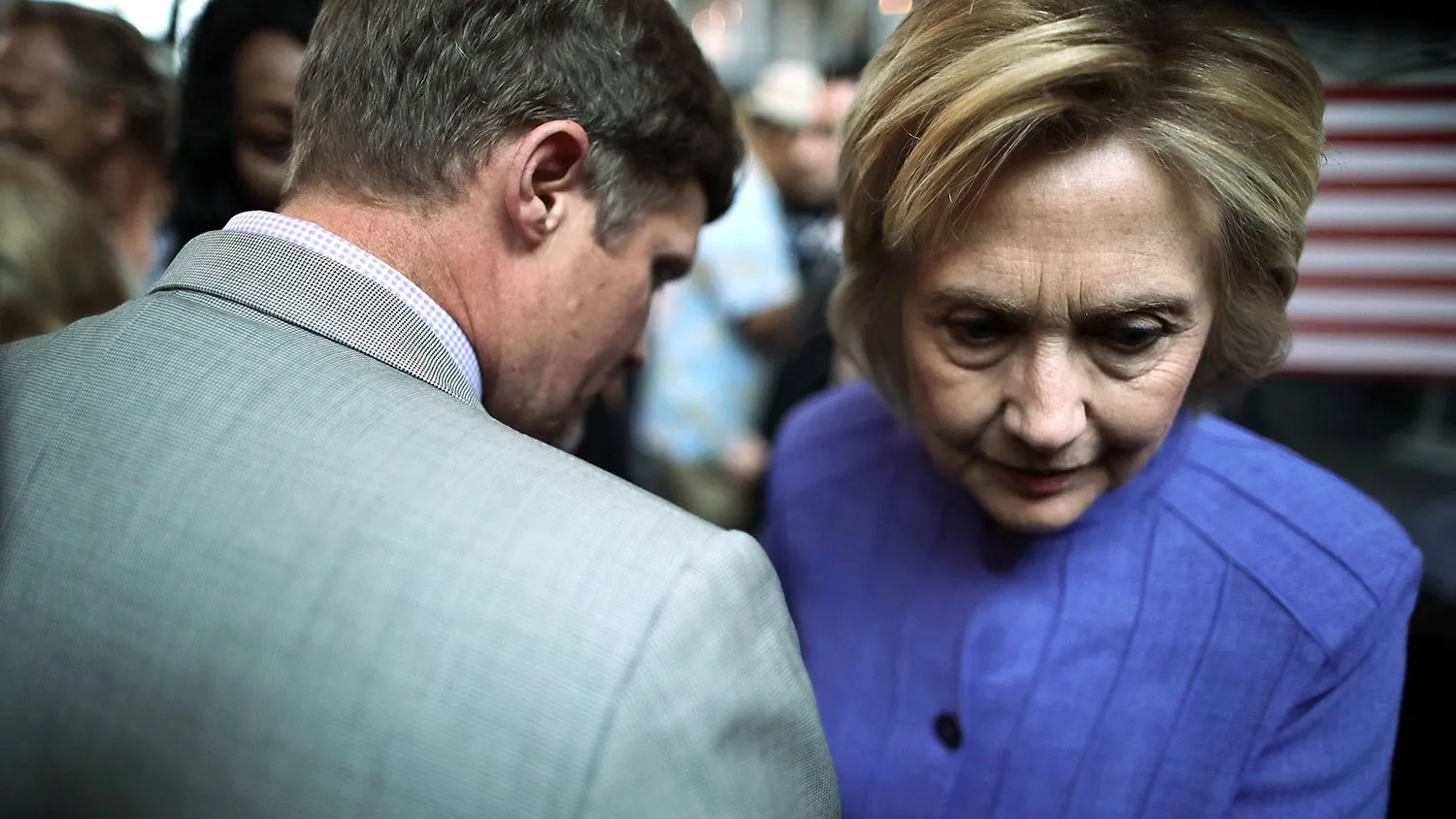 Democratic presidential candidate Hillary Clinton talks with supporters on June 15, 2016, in Hampton, Virginia.
