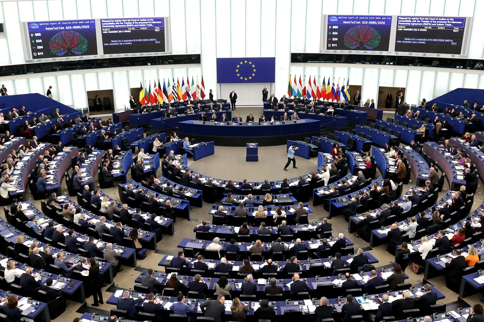 Screens displaying the results of the vote on the Mercosur deal,&nbsp;at the European Parliament in Strasbourg, on Jan. 21.