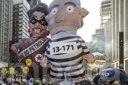 Inflatable figures of Rousseff and Lula.