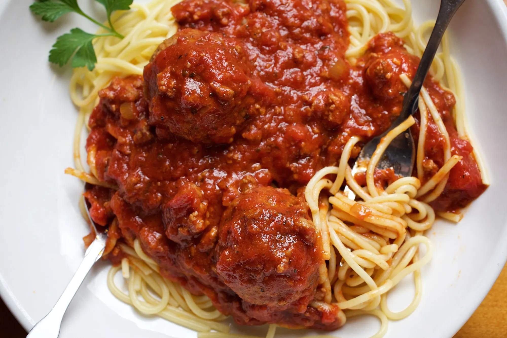 Spaghetti, traditional meat sauce and meatballs at an Olive Garden in Hyattsville, Maryland.