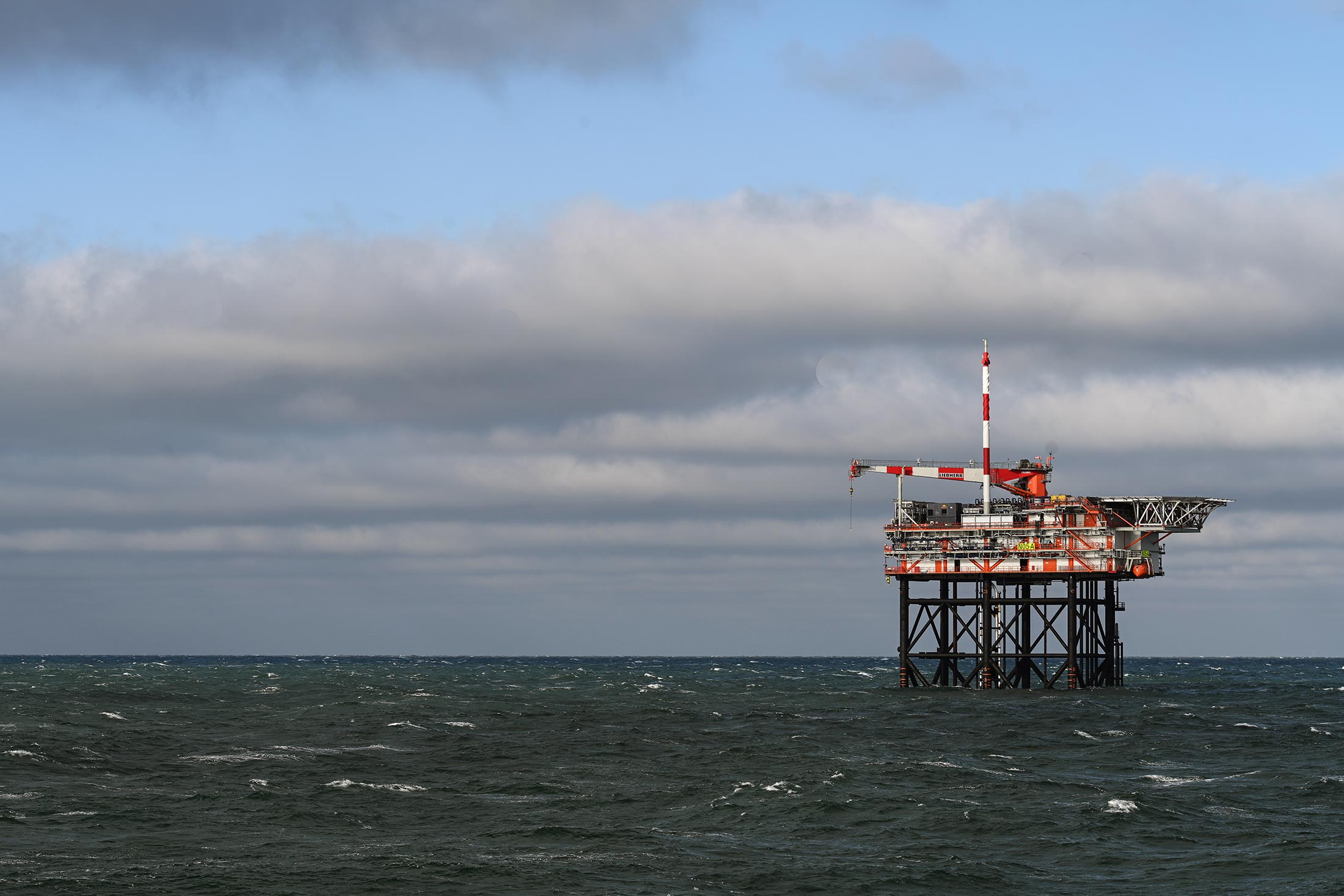 07 February 2025, Lower Saxony, Emden: View of the drilling platform of the Dutch company One-Dyas in the North Sea.