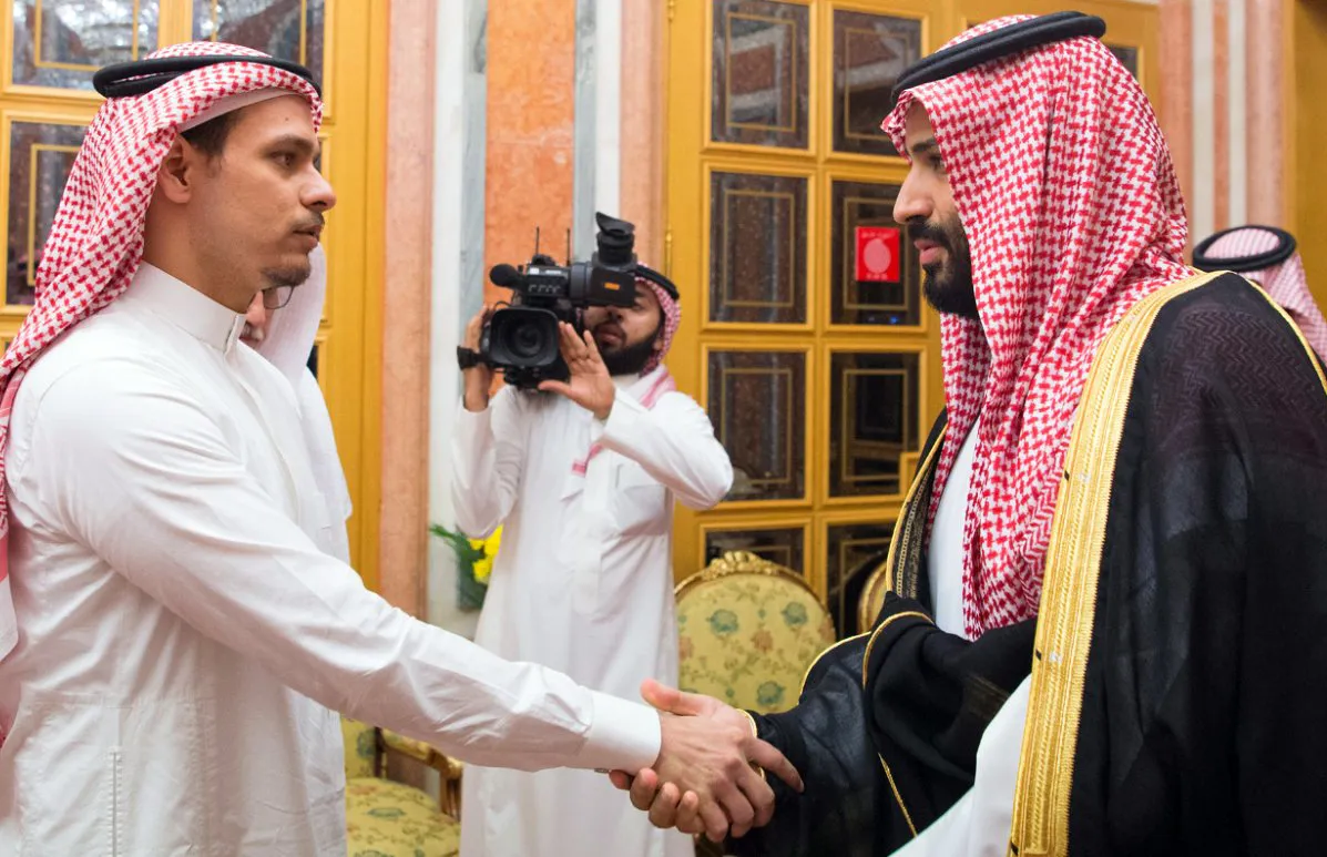 Salah Khashoggi, left, is greeted by Crown Prince Mohammed bin Salman in Riyadh on Oct. 23