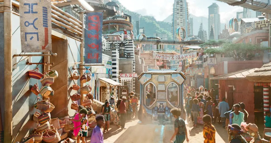 A bustling streetcar-lined corridor in Wakanda's Steptown neighborhood. 