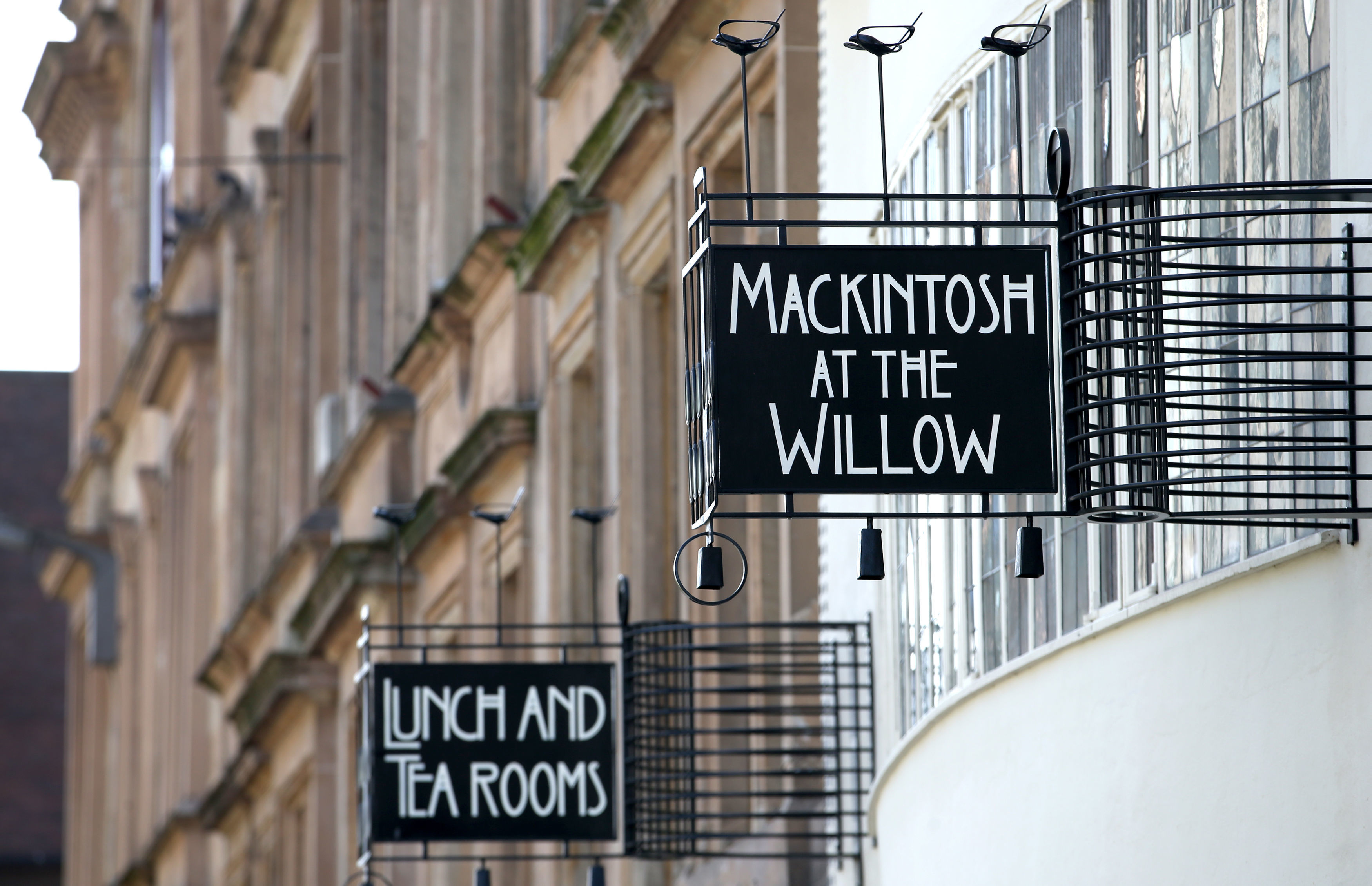 New signage outside the upgraded restaurant, Mackintosh at the Willow, at the original Willow Tea Rooms building in Glasgow, on the 150th anniversary of the birth of designer Charles Rennie Mackintosh, after Â£10 million restoration project. (Photo by Jane Barlow/PA Images via Getty Images) Photographer: Jane Barlow - PA Images/PA Images